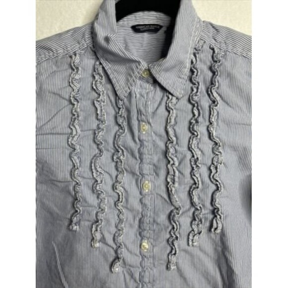 American Eagle Button-Front Favorite Fit Blue/White Stripe Ruffle Front Shirt M - Picture 5 of 12